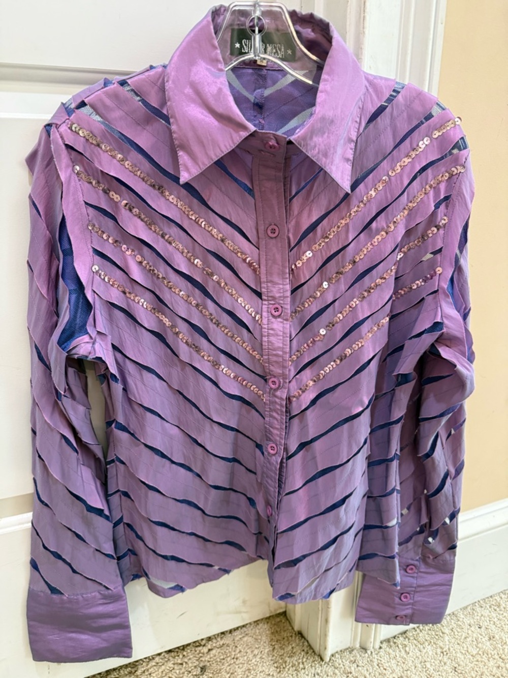 Silver Mesa Lavender Sequin Striped Button-Up Blouse ladies M